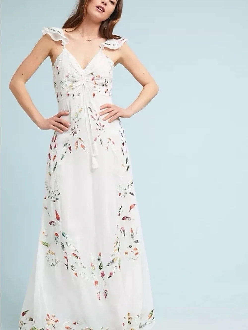Anthropologie Farm Rio Quintana White Embroidered Floral maxi dress Sz 0 - Picture 1 of 11